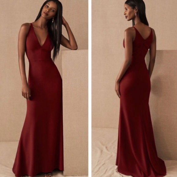 BHLDN Jones V-Neck Crepe Dress - Maroon - Picture 1 of 5